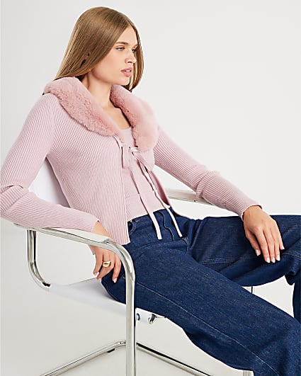 Pink Faux Fur Trim Cardigan Cami Set