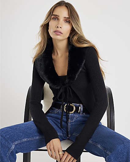 Black Faux Fur Trim Cardigan Cami Set