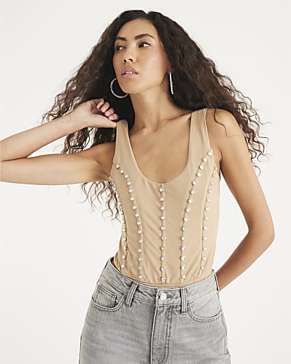 Beige Scoop neck Studded Bodysuit