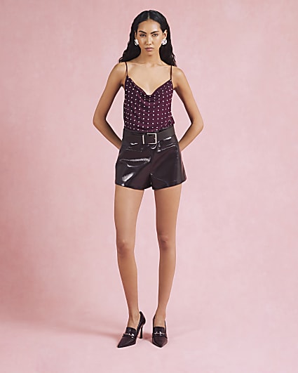 Purple Sleeveless Studded Cowl Neck Cami Top