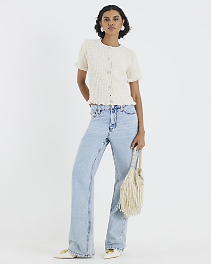 Cream Knitted Frill Short Sleeve Cardigan