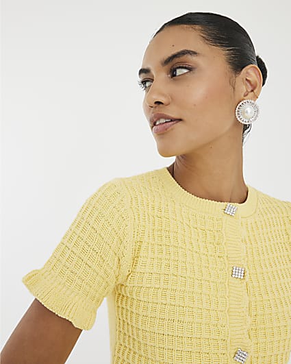 Yellow Knit Frill Trim Short Sleeve Cardigan