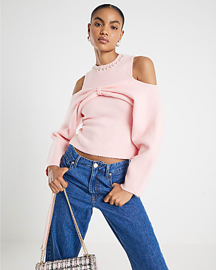 Pink Knitted Cut Out Shoulder Top