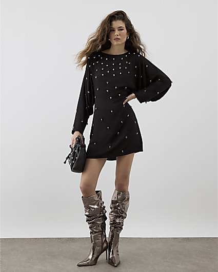 RI Studio Black Beaded Batwing Mini Dress