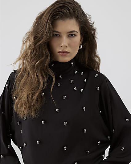 RI Studio Black High Neck beaded Batwing top