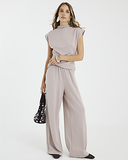 Beige Premium High Waisted Wide Leg Joggers