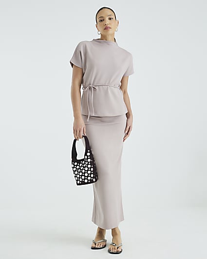 Beige Neoprene Maxi Skirt