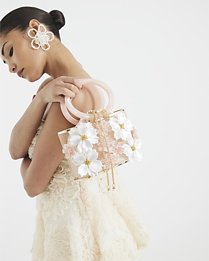 Gold 3D Floral Caged Basket Clutch Bag