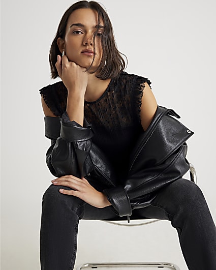 Black Knitted Lace Hybrid Sleeveless Top