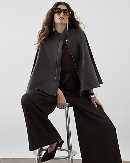 RI Studio Brown Leather Funnel Neck Cape