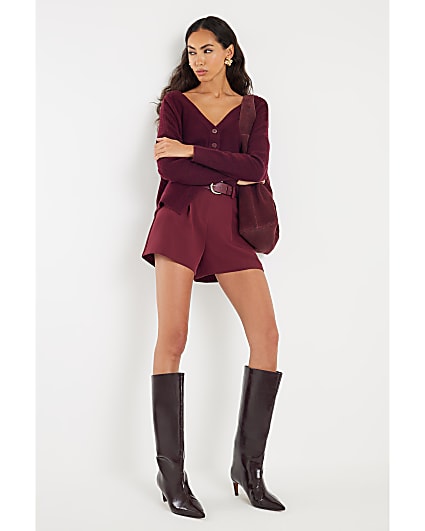 Red Structured Belted Shorts