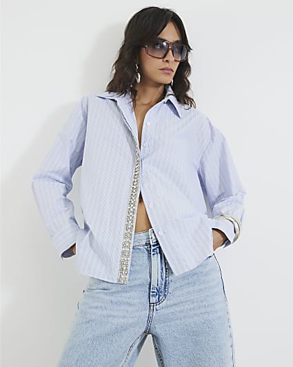 Blue Diamante Trim Stripe Shirt