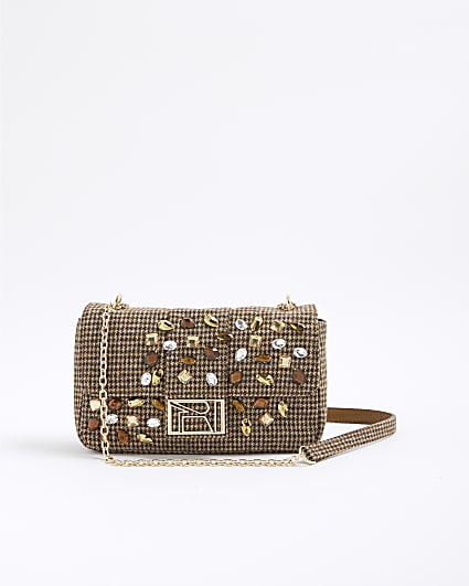Brown Dogtooth Embellished Shoulder Bag