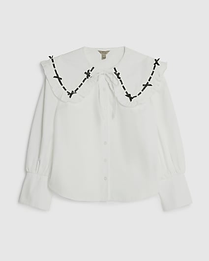 Petite White Poplin Ribbon Trim Collar Shirt