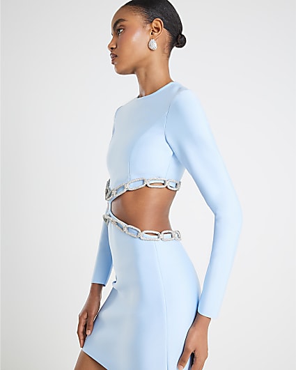 Blue Chain Detail Cut out Mini Dress