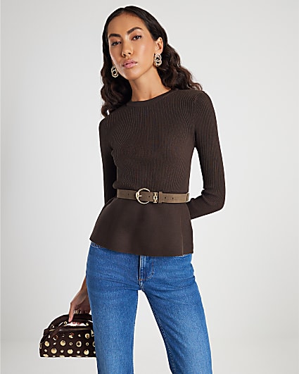 Brown Knitted Belted Peplum Top