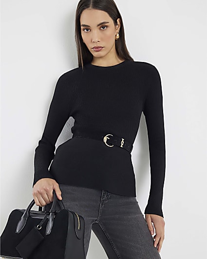 Black Knitted Long Sleeve Belted Peplum Top
