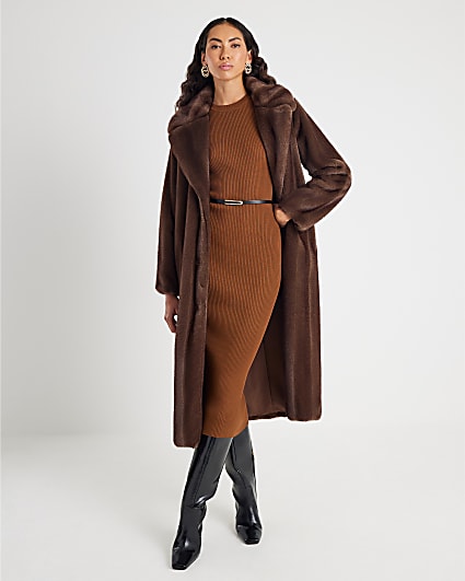 Brown Knitted Long Sleeve Midi Dress