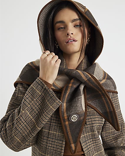 Brown Check Hooded Scarf