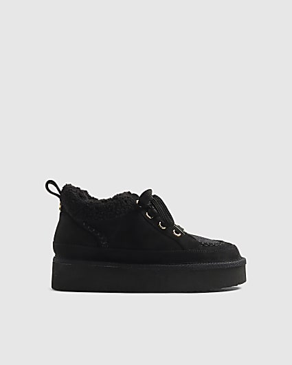 Black Faux Suede Lace Up Faux Fur Lined Boots