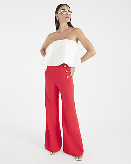 Red Button Front Wide Leg Trousers