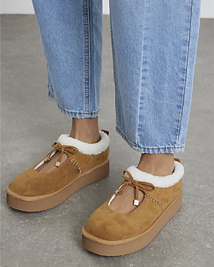Beige Faux Fur Lined Mary Jane Shoes