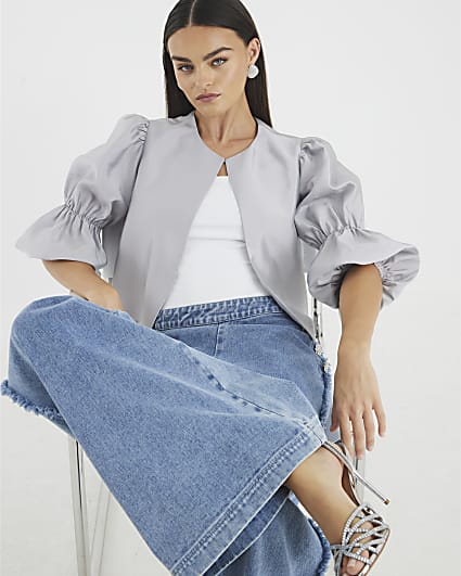 Silver Puff Sleeve Shacket Top