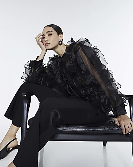 Black Sheer Ruffle Long Sleeve Top
