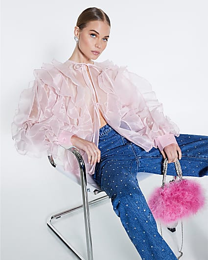 Pink Sheer Ruffle Long Sleeve Top