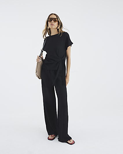 Black Short Sleeve Textured Tie Waist T-Shirt