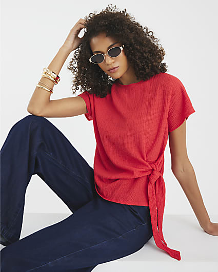 Red Short Sleeve Textured Tie Waist T-Shirt