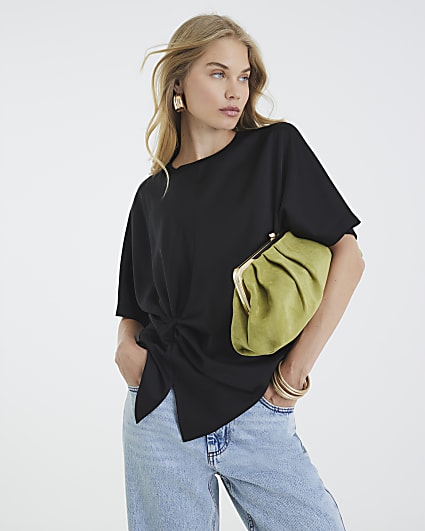 Black Short Sleeve Knot Front Top