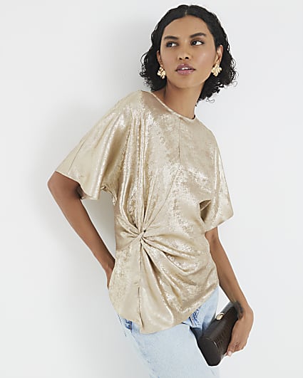 Gold Short Sleeve Knot Front Top