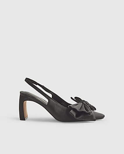 Black Satin Embellished Bow Slingback Heels