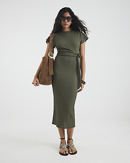 Khaki Short Sleeve Textured Midi Dress