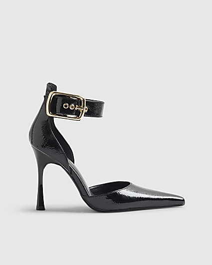 Black Buckle Ankle Strap Court Heels
