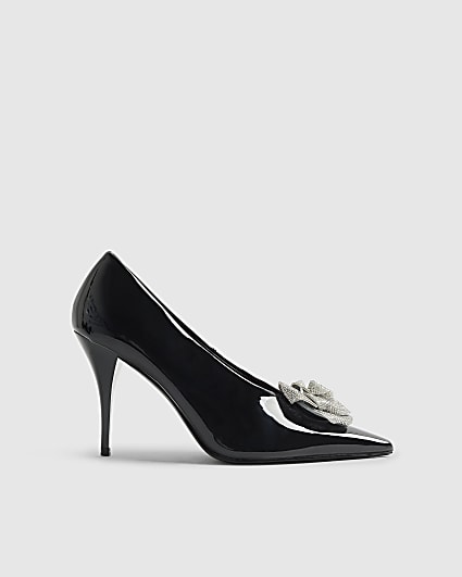 Black Patent Diamante Flower Court Heels