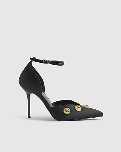 Black Jewel Heeled Court Shoes