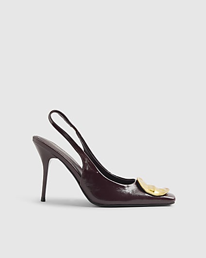 Red Chisel Toe Gold Disc Slingback Heels
