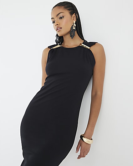 Black Sleeveless Gold Trim Midi Dress