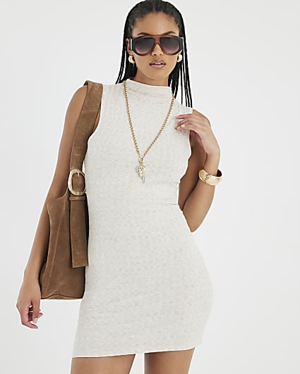 Cream Sleeveless High Neck Fitted Mini Dress