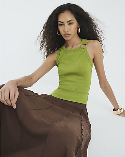 Lime Sleeveless Ring Detail Ribbed Tank Top