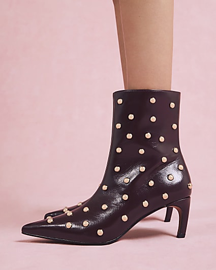 Red Studded Kitten Heel Boots