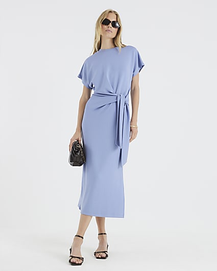 Blue Premium Short Sleeve Knot Midi Dress