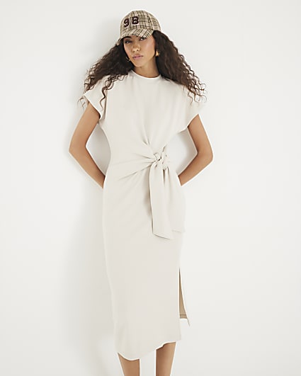 Cream Premium Short Sleeve Knot Midi Dress