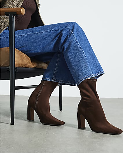 Brown Faux Suede Square Toe Heeled Boots