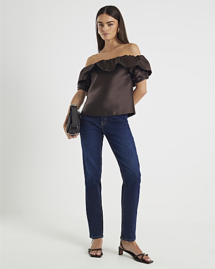 Brown Premium Frill Detail Bardot Top