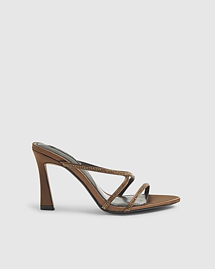 Brown Satin Strappy Heeled Mule Sandals