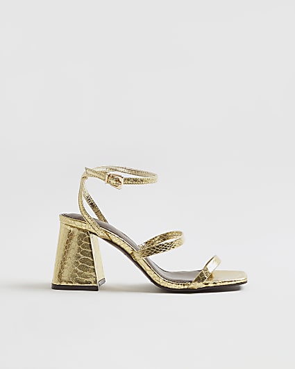 Gold Strappy Low Block Heel Sandals