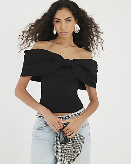 Black 3D Bow Bardot Top